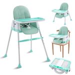 3-in-1 Baby High Chair: Adjustable Convertible Feeding Chair, Portable Booster Seat for Babies and Toddlers. Detachable Double Tray, Compact & Easy-to-Clean Design (Green Highchair)