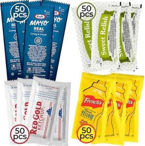 Individual Condiment Packets Variety Pack 200-Count - 50 Packs of Each: Ketchup Packets, Relish Packets, Mayo and Mustard Packets Single Serve - Mini Travel Condiments Combo for BBQ, Picnic, Parties