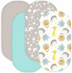 bimocosy Bassinet Sheet, 4 Pack Bassinet Sheets for Baby Boys Girls, Soft Baby Bassinet Fitted Sheets Neutral for Standard Bassinet Mattress, Size 32 x 16 x 4 Inches, Stars/Woodland Animals/Grey/Green