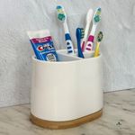 DAILY RITMO® Toothbrush Holder for Bathrooms | Cute White Holders for Electric and Kids Tooth Brush | Resin Plastic Bathroom Set Organizer for Toothpaste with Bamboo Base