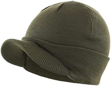 Home Prefer Men's Winter Beanie Hat with Brim Warm Double Knit Cuff Beanie Cap Army Green