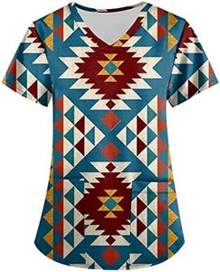 Women Retro Printed Scrub,Plus Size V Neck Scrub Shirts Aztec Printed Medical Uniform T Shirts Short Sleeve Nurse Workwear with Pocket Blue 3XL