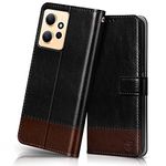 FLIPPED Vegan Leather Flip Case Back Cover for Xiaomi Redmi Note 12 4G (Flexible, Shock Proof | Hand Stitched Leather Finish | Card Pockets Wallet & Stand | Black with Brown)