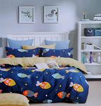 VJK FAB Queen Size Kids Bedsheet Fish Cartoon Design Bedsheet for Double Kids Room, 90x100 Inches Size with 2 XL Size Pillow Covers, Blue Color