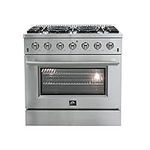 FORNO Galiano Full Gas 36" Inch. Freestanding Range with 6 Sealed Burners Cooktop - 5.36 Cu. Ft. Convection Oven Capacity - Stainless Steel Heavy Duty Cast Iron Grates.