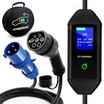 VORSPRUNG® (CEE 3 Pin Plug) Portable Type 2 EV Charger, Adjustable Amperage (10A/16A/20A/24A/32A) 7.3kW with Controllable Digital Screen - Electric Vehicle Motorhome Charging Cable T2, (UK) (8 Metre)