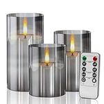 Gray Glass flameless Candles Flickering with Remote, Moving Wick Battery Operated Realistic Warm Light Candle, for Party Wedding Festival Tabletop Decoration, Set of 3 [Energy Class A+]