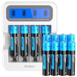 Kratax 1.5 V Lithium AAA Battery, Rechargeable AAA Lithium Battery, 1100 mWh (1.5 V/733 mAh) High Capacity, Constant Performance, Long Service Life, 12 Pieces AAA Battery with LCD Display Charger