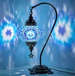 DEMMEX Turkish Moroccan Mosaic Table Lamp, Colorful Mosaic Glasses Boho Gooseneck Table Desk Bedside Night Accent Lamp Lampshade, Antique Brass Color Decorated Metal Body, Handmade, Blue