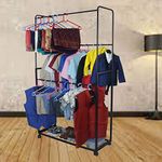 D&V ENGINEERING - Creative in innovation Heavy duty cloth hanger rack with wheel,garment rack,drying rack for hanging cloths for home with shelf (Black, Iron)