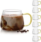 AVLA 6 Pack Glass Coffee Mugs, 16 OZ Unique Vertical Stripes Coffee Cup, Clear Large Tea Glasses with Handle, Vintage Transparent Glassware for Hot/Cold Beverages, Cappuccino, Latte, Espresso, Juice