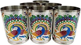 Keshal Stainless Steel Handmade Meenakari Peacock Design Decorative Glass Set for Home Traditional Indian Style Stainless Steel Tumbler Gift Set Item | Set of 6 Glass (Silver Color)