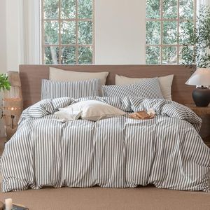 MooMee Striped Duvet Cover Set 100% Washed Cotton Linen Like Textured Breathable Durable Soft Comfy (Dark Grey White Classic Stripes, Alaska King 132"x120")