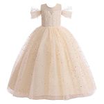 Glamulice Princess Sparkle Tulle Dress Light Champagne Flower Girls Lace Dresses Elegant Vintage Sequin Cold Shoulder Bridesmaid Party Dance Ball Gown Wedding Pageant Holiday Junior Communion Gown 7 8