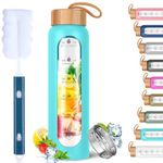 AQULEA 32 Oz Borosilicate Glass Water Bottles with Times to Drink - Wide Mouth BPA Free Glass Motivational Water Bottle with Silicone Sleeve, Bamboo Lid, Fruit Infuser, and Bonus Brush (Teal)