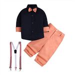 Hopscotch Boys Cotton Solid Shirt and Pant Set with Suspender and Bow in Peach Color for Ages 8-9 Years (WFY-4259945)