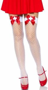 Leg Avenue Women's Nurse Fishnet Thigh Highs, White/Red, O/S