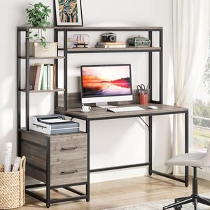 Tribesigns 55 Inch Computer Desk with 2 Drawers and Storage Shelves, Rustic Office Desk with Hutch, Study Writing Gaming Table Laptop Workstation for Home Office (Grey)