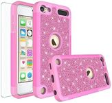 New iPod Touch Case,iPod Touch 6th Case,iPod 5th Generation Case [Tempered Glass] Shockproof Glitter Bling Hybrid Silicone Protective Case Compatible for Apple iPod Touch 5 6th Generation - Hot Pink