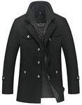 chouyatou Men's Gentle Layered Collar Single Breasted Quilted Lined Wool Blend Pea Coats (Large, Black)