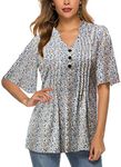 HOCOSIT Women's Floral Print Short Ruffle Sleeve Pleated Front V Neck Button Tunic Tops, Pattern Dot White, Small