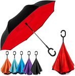 EEZ-Y Reverse Umbrella - Large, Inverted Umbrellas for Rain w/C-Shaped Non-Rust Handle for Men & Women, Windproof & Water Resistant - Red