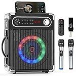 JYX Karaoke Machine with Two Wireless Microphones, Portable Bluetooth Speaker with Bass/Treble Adjustment, PA System with Remote Control, LED Lights,Supports TF Card/USB, AUX IN, FM, REC,TWS for Party