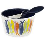 Boston International KAC22555 Bowl and Stainless Steel Spreader, Ceramic, Hand Stamp Fish