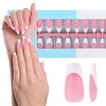 JSRQT 240Pcs French Gel False Nail, Long Coffin Full Cover Artificial French Tip False Nails, 3 in 1 X-Coat Tips Stick on Nail Acrylic French Press on Nail, DIY Fake Nail Art for Women Girls, Pink