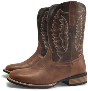 YFFUSHI Men's American Western Cowboy Boots Funky Vintage Fashion Embroidered Square Toe Boots Chunky Heel