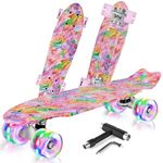 BELEEV 22 inch Skateboards for Kids, Cruiser Skateboard for Girls Boys Teens Adults Beginners, LED Light up Wheels, Mini Skateboards Classic Complete Skate Board with Skate T-Tool, Max Load 220 LBS