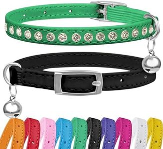Petinstinct 2 Pack Cat Collars with Bells, Rhinestones Leather Cat Collar with Elastic Strap, Kitten Collar, Adjustable Diamond Cat Collar for Girl Boy, 7.5" - 11.5", Black and Green