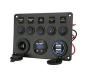 IP65 Waterproof 12V Switch Panel, 5 Gang Switch Toggle Panel 12V/24V, Dual USB Charger Port 4.2A Lighter Socket Digital Voltmeter Display, Rocker Switches for Boat Car RV Vehicles Truck (Blue Light)