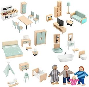 Wooden Dollhouse Furniture Set, 36pcs Furnitures with 4 Family Dolls, Blue Dollhouse Accessories Pretend Play Furniture Toys for Boys Girls & Toddlers 3Y+