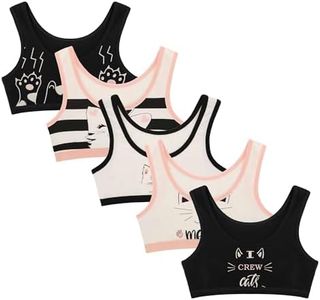 Donella Girls Training Bras - Soft Cotton Kids Sports Bra, 5 Pack Crop Tops, Kitten Prints, Age: 4-5