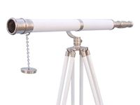 Hampton Nautical Floor Standing Brushed Nickel with White Leather Galileo Nautical Telescope, 65"