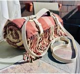 Picnic Blanket Extra Large Waterproof with Strap 59"x79" - Machine Washable Tassels Faux Wool Cashmere for Park, Grass, Camping, Hiking, Concerts (Latte with white shoulder strap, 59"X79")