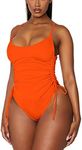 AOHITE Women's Tummy Control One Piece Swimsuits Drawstring Ruched High Cut Bathing Suit Cheeky Swimwear Solid & Printed, Orange, Medium