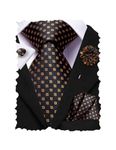 Hi-Tie Men Tie Flower Lapel Pin Set Jacquard Woven Silk Necktie Handkerchief Cufflinks Wedding Party,Black Gold Novelty