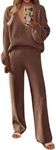 KIRUNDO Womens 2 Piece Sweater Sets 2024 Fall Winter Long Sleeve Knit Pullover and Wide Leg Pants Lounge Set Sweatsuit(Brown, Small)