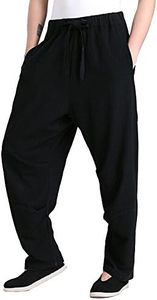 ZooBoo Men's Martial Arts Pants Kung Fu Linen Trousers Tang Suit Pants (XL, Black)