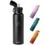 BUZIO Insulated Water Bottle with Straw 1L - Stainless Steel Water Bottle with Straw 1L and POPUP Lid - BPA Free - Cold for 48 Hrs - 1L Water Bottle for Travel Work - Black