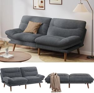 PERLECARE Futon Sofa Bed, Corduroy Futon Couch with Adjustable Backrest and Armrests, 2 in 1 Convertible Small Sleeper Sofa Bed for Home, Small Spaces, Living Room or Office, Grey