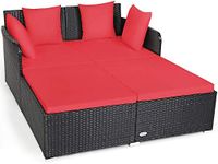 Tangkula Outdoor Rattan Daybed, Sunbed Wicker Furniture w/Spacious Seat, Upholstered Cushion & High-Resilience Sponge, Wicker Patio Sofa Set w/Extra Pillows for Courtyard Poolside(Red)