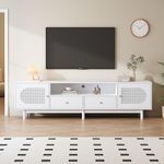 ModernLuxe TV Stand Cabinet with PE Rattan Decoration, Stylish TV Unit with 2 Doors, 2 Drawers and a Open Storage Shelf, Solid Wood Legs, Spacious TV Cabinet for 80 inch TV, White, 180x40x56cm