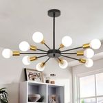 Jaycomey Modern Sputnik Chandeliers Ceiling Light Fixture, 10-Light Mid Century Black & Gold Semi Flush Mount Ceiling Lights for Dining Room, Living Room, Kitchen, Office, E26 Base, Bulbs Not Included