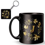 Cronkraft Creative Golden Alphabet Letter J Printed Mug + Keychain,Gift for Love,Birthday,Wife, Husband, Girlfriend Boyfriend,Kids,Brother, Love,Valentines Day