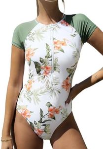 CUPSHE One Piece Swimsuit for Women Mock Neck Zipper Short Sleeve Bathing Suit, Olive Green/Tropical, Medium