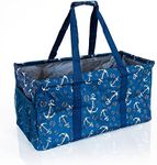 Lucazzi Extra Large Utility Tote Bag - Oversized Collapsible Reusable Wire Frame Rectangular Canvas Basket With Two Exterior Pockets For Beach, Pool, Laundry, Car Trunk, Storage - Anchor