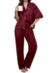 Famulily Ladies Pyjama Set Button Down Sleepwear Short Sleeve Shirt with Long Pants Comfy Loungewear Set with Pockets Wine XL